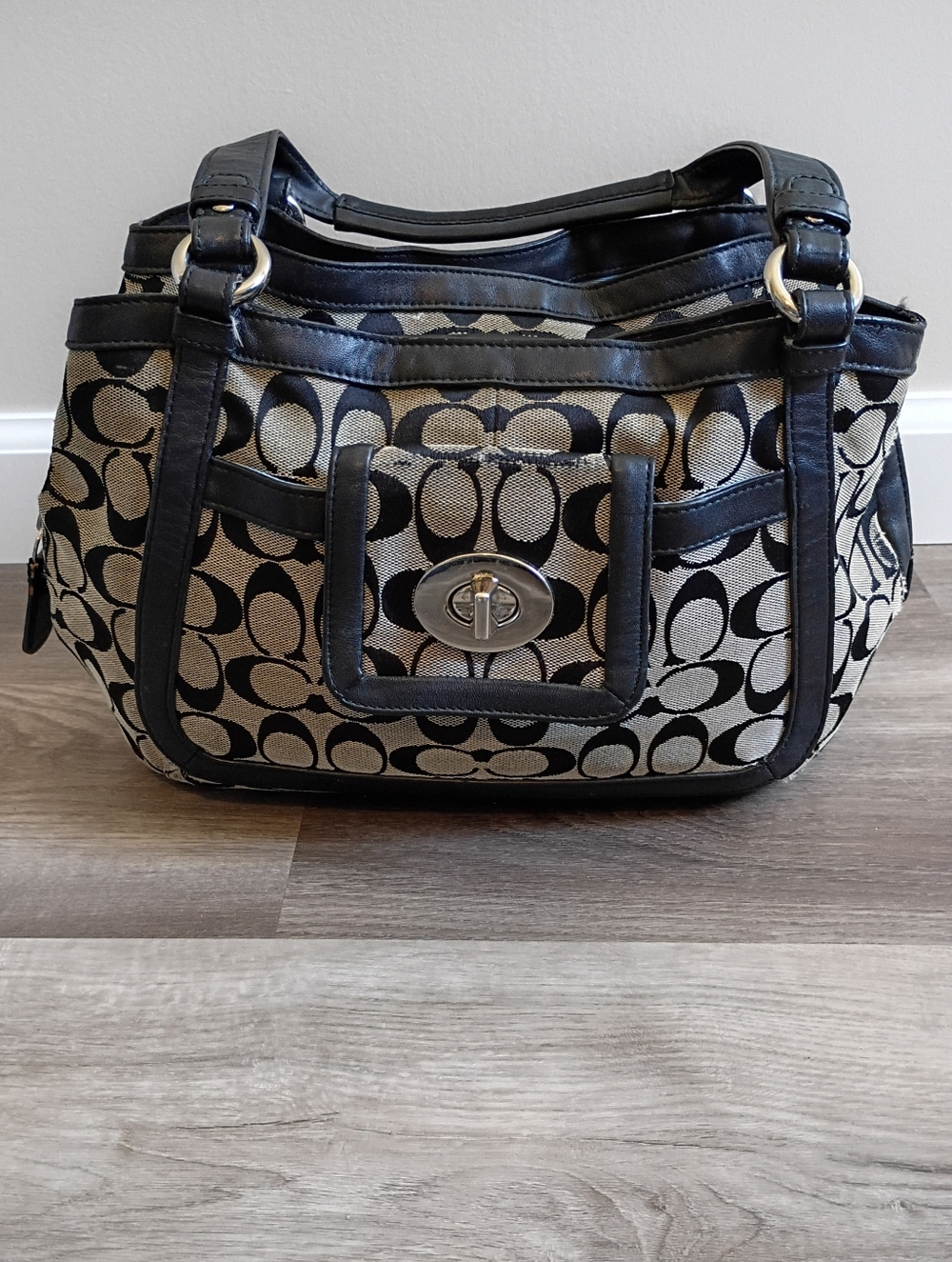 Coach Vintage 2010s Black Grey Signature Monogram Canvas Turnlock Shoulder Bag